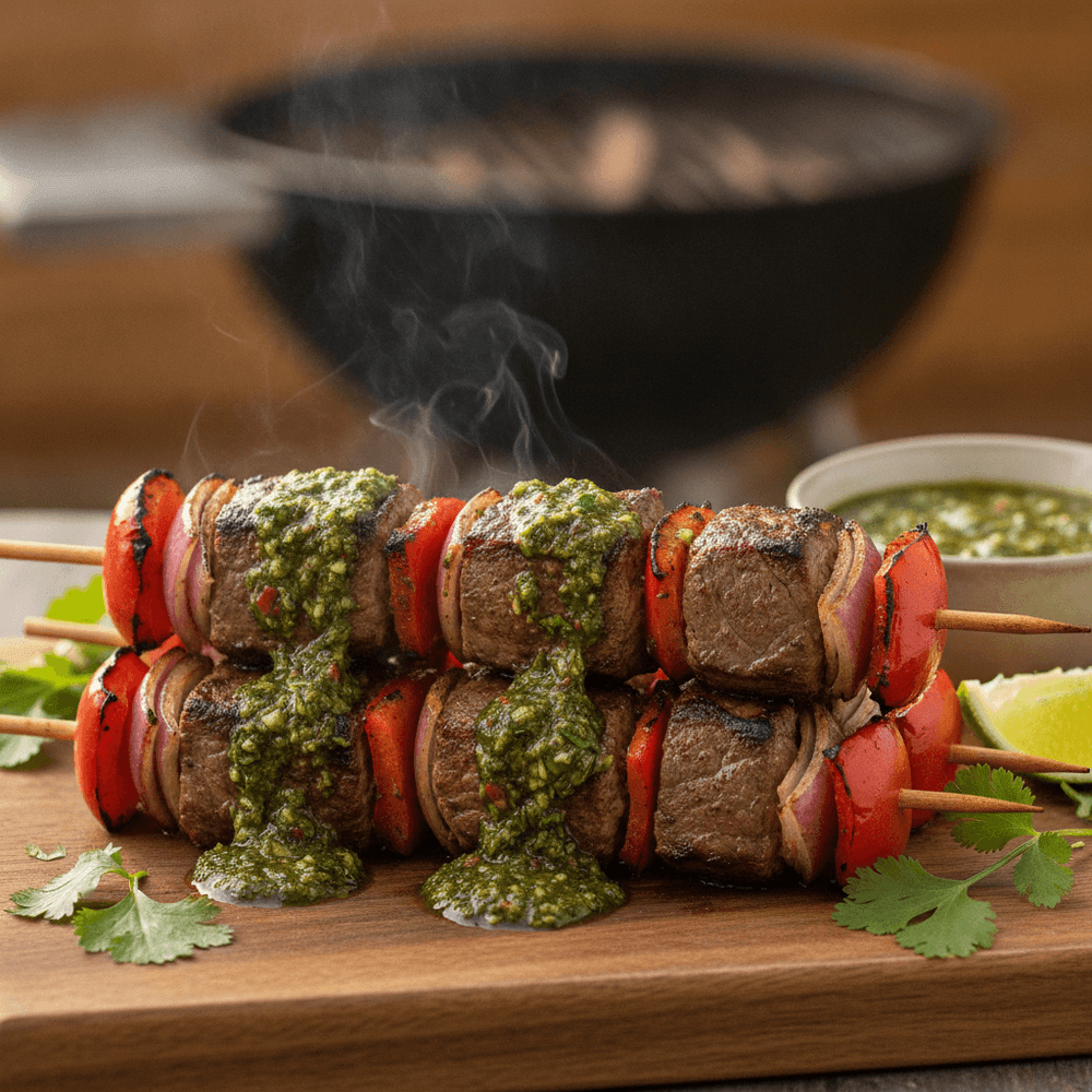 Grillade chilenska nötkötts-spett med rökig chimichurri